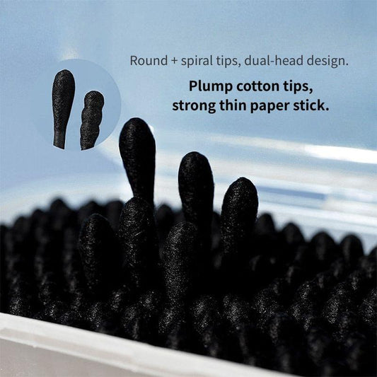 Black dual-head cotton swabs with round tips on thin paper sticks
