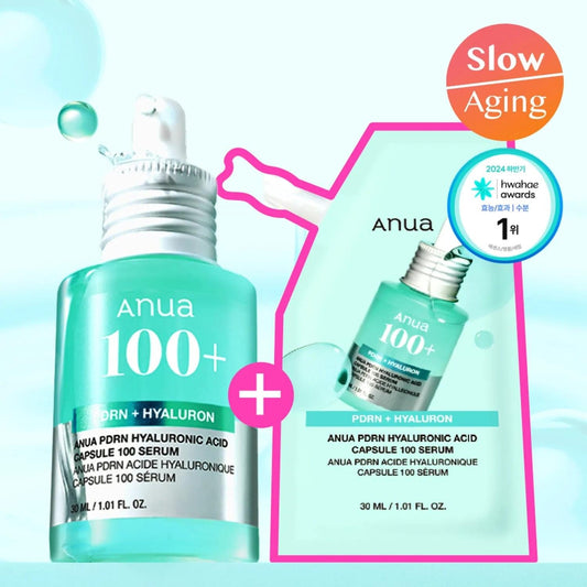 Hyaluronic serum refill set with two teal Anua 100+ bottles and white droppers
