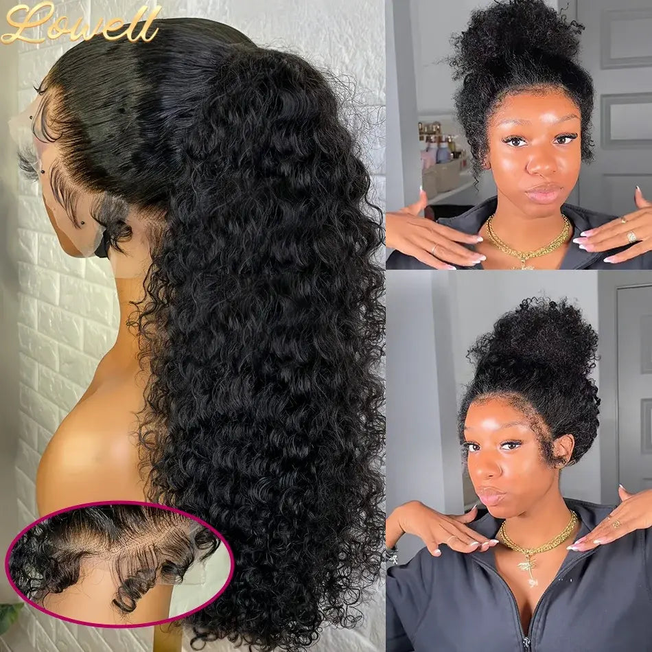 Curly black wig with dense curls and visible lace front hairline, side view
