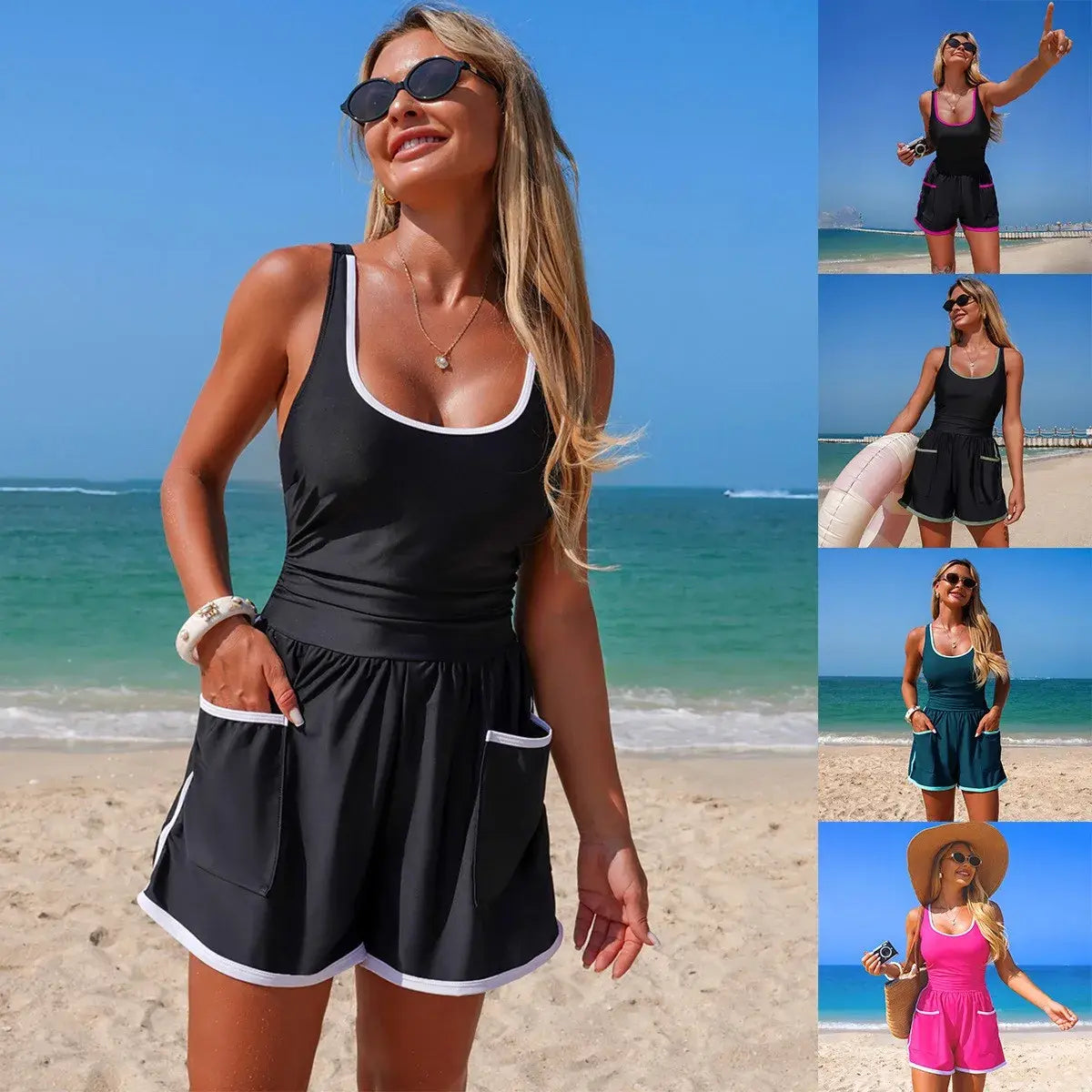 Black one-piece tank swimsuit with white contrast trim and side pockets