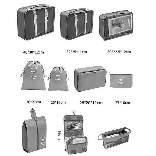 Gray packing cube set with multiple sizes, drawstring bags, and zippered pouches