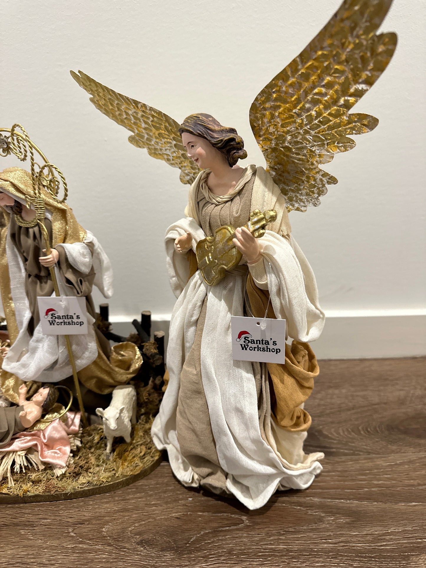Handmade Christmas Nativity Set 30cm (11.75") – Holy Family & Standing Angel Religious Figurines, Christian Christmas Home Decor Gift