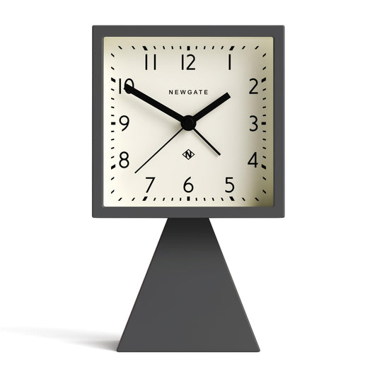Newgate Brian alarm clock, cream dial with large black numerals, black hands, dark frame