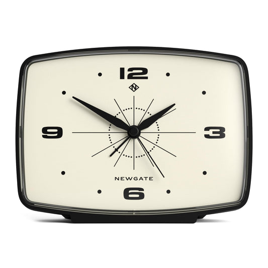 Black alarm clock front view with cream dial and large 12, 3, 6, 9 numerals
