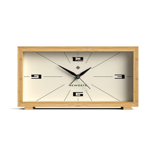 Rectangular Newgate alarm clock with light wood frame and cream retro dial, black hands