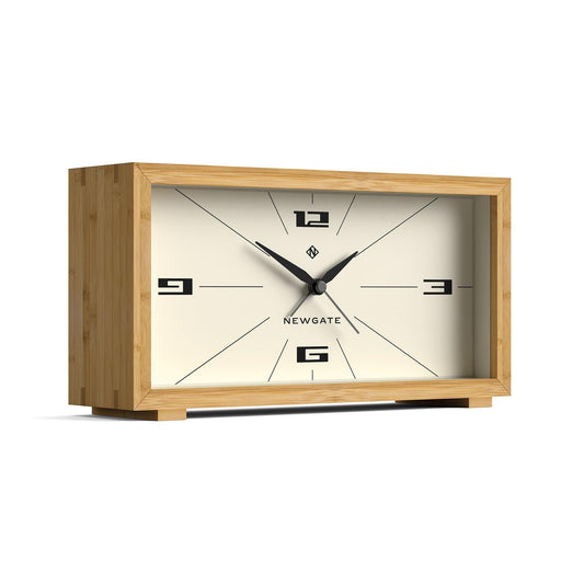 Rectangular Newgate alarm clock, light wood frame, cream dial with black hands and markers