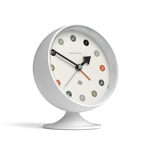 White spheric alarm clock on round pedestal stand, Newgate dial with red seconds hand