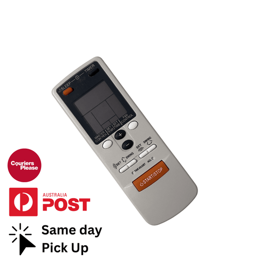 Fujitsu air conditioner remote control, silver with LCD screen and white buttons