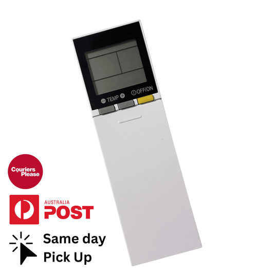 Mitsubishi air conditioner remote control with display and buttons, light gray body