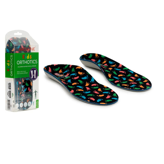 Kids orthotic insoles with colorful playful pattern top and blue edge trim