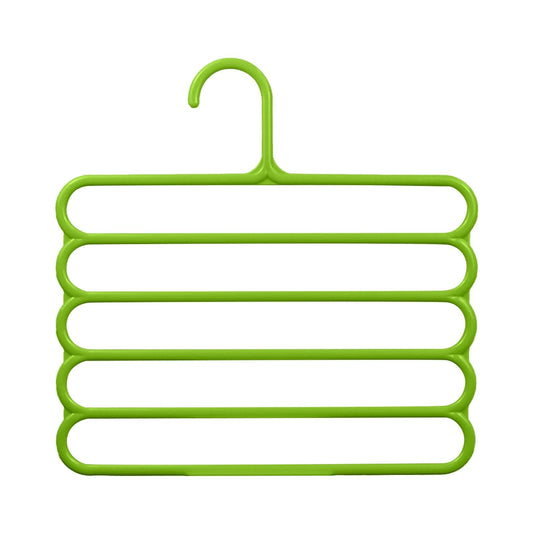 Multi-tier trouser hanger in green with curved hook and four parallel bars