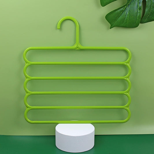 Multi-tier trouser hanger in green with curved hook and four parallel bars
