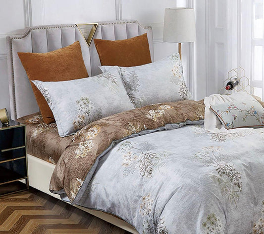 Super king quilt and duvet cover set with blue-gray floral print and brown accents, shams