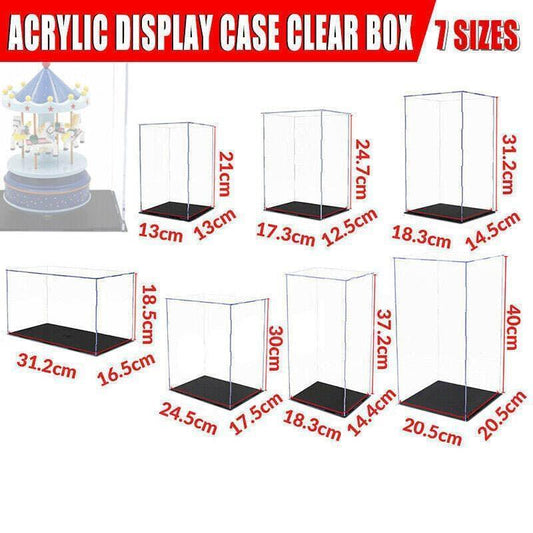 Clear acrylic display case set with black base, shown with size dimensions