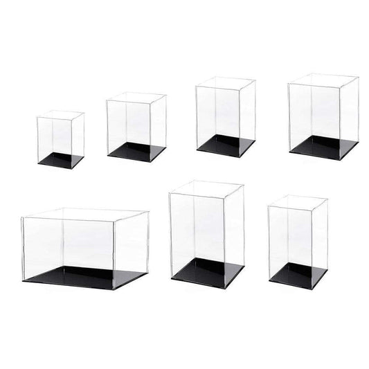 Clear acrylic cube display cases with black bases, various angles