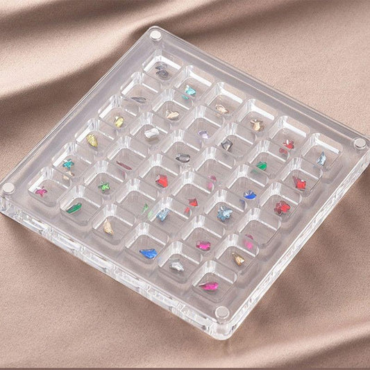Clear acrylic magnetic seashell display box with 36 square grid cells