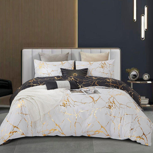 Super king quilt cover set, white with gold marbled vein pattern