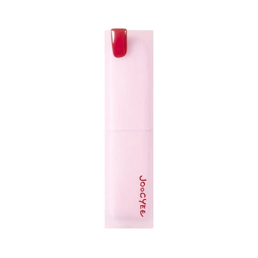 Glazed rouge lip color tube in pink with red-tinted applicator top