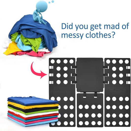 Black folding board with dotted panels, open style, with folded clothes stack