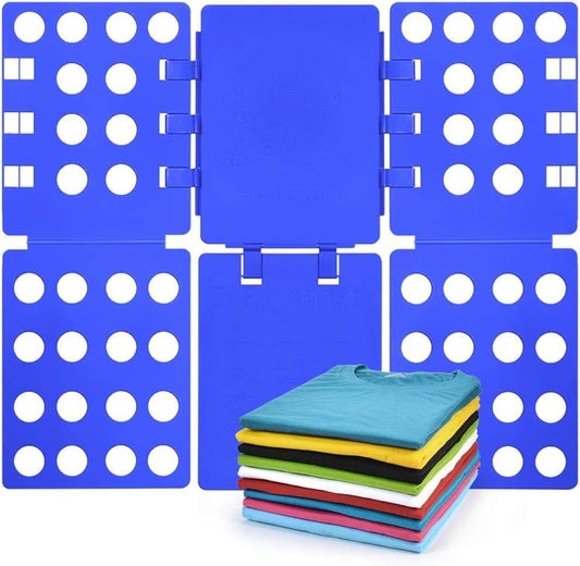Blue adjustable clothes folding board with hinged panels and buckle tabs