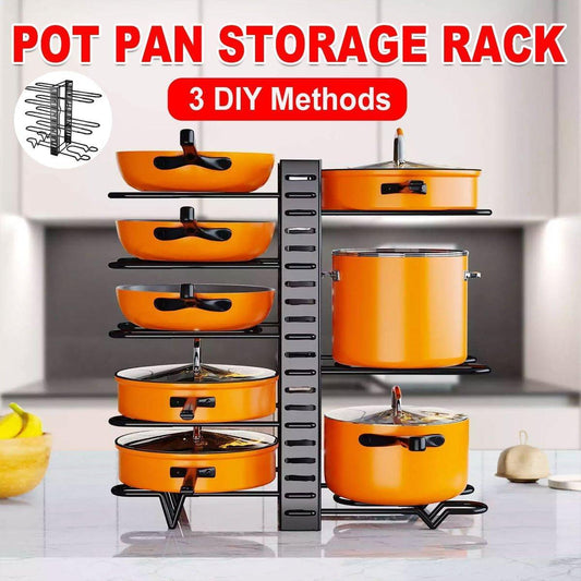 Vertical pot lid rack, black frame with tiered arms holding multiple orange pots