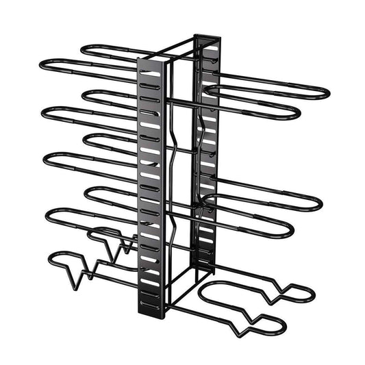 Black vertical pot rack with multiple horizontal arms and end hooks for lids