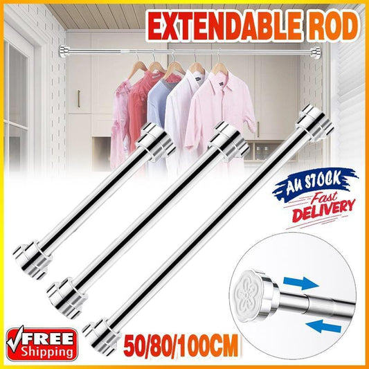 Extendable chrome tension rod with ridged end caps and adjustable locking rings