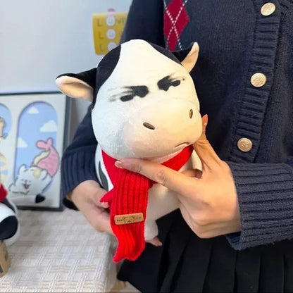 Angry Cow Plush Toy with Red Scarf  Cute Grumpy Stuffed Cow Plush