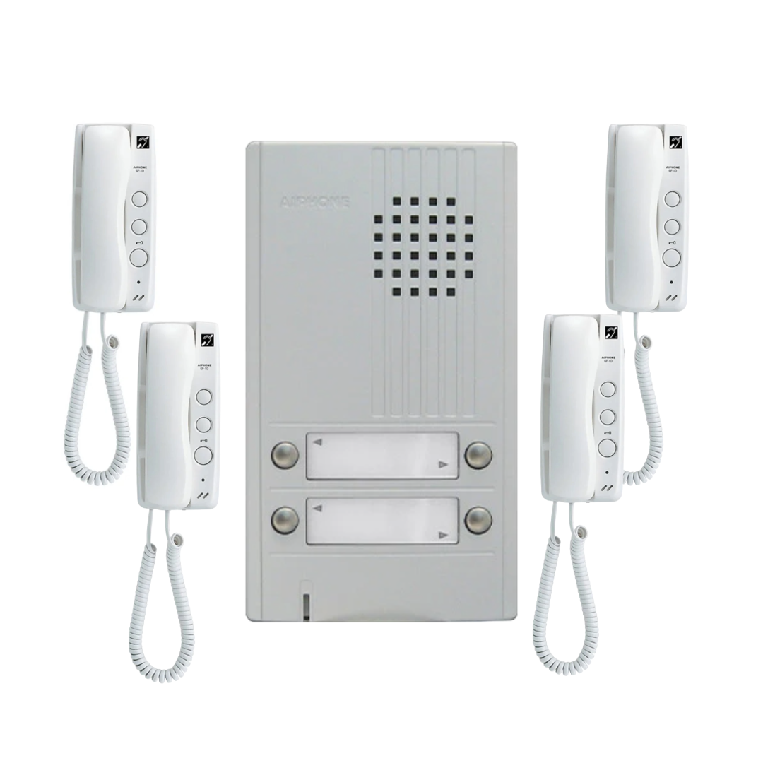 Aiphone Multi-Tenant Intercom Kit – 1× DA-4DS Door Station + 4× GT-1D Tenant Handsets | 2-Wire Audio System | Apartment & Commercial Entry Security