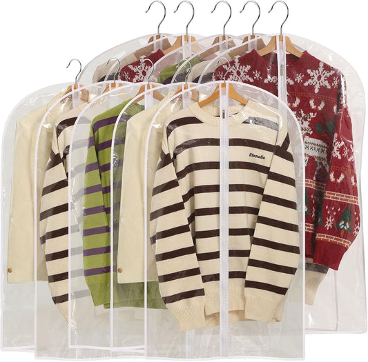 Clear garment bag with full-length zipper on metal hangers; coats stored inside
