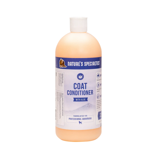 Coat conditioner bottle, orange and white with aloe label and white screw cap