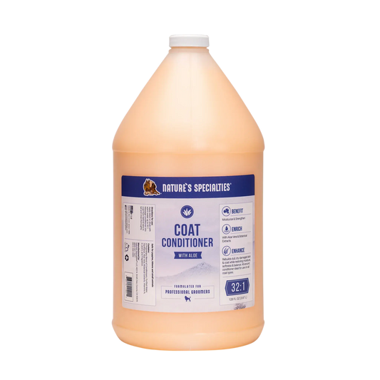 Coat conditioner jug bottle, orange body, blue aloe label, and white cap