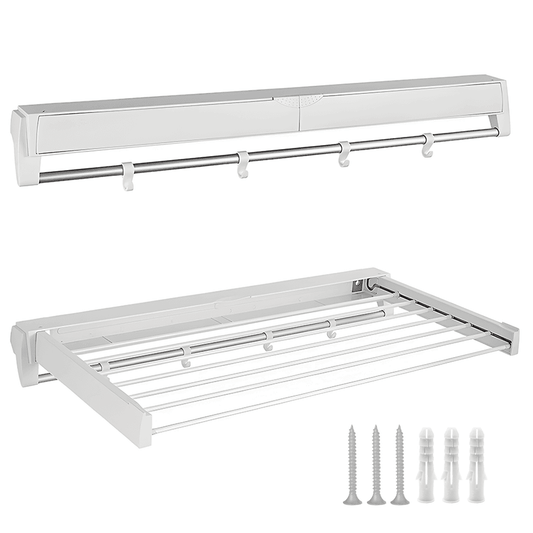 White wall-mounted folding clothes drying rack with horizontal rail and hanging hooks