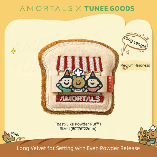 Toast-shaped powder puff with tan velvet and cute cartoon patch on front
