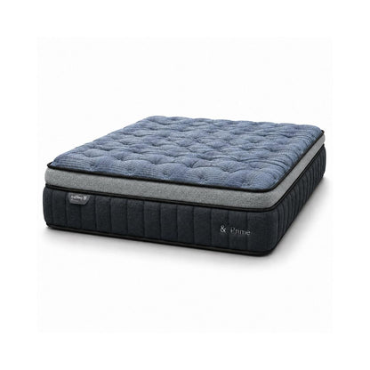 Blue quilted mattress top on dark base, & Prime logo on corner