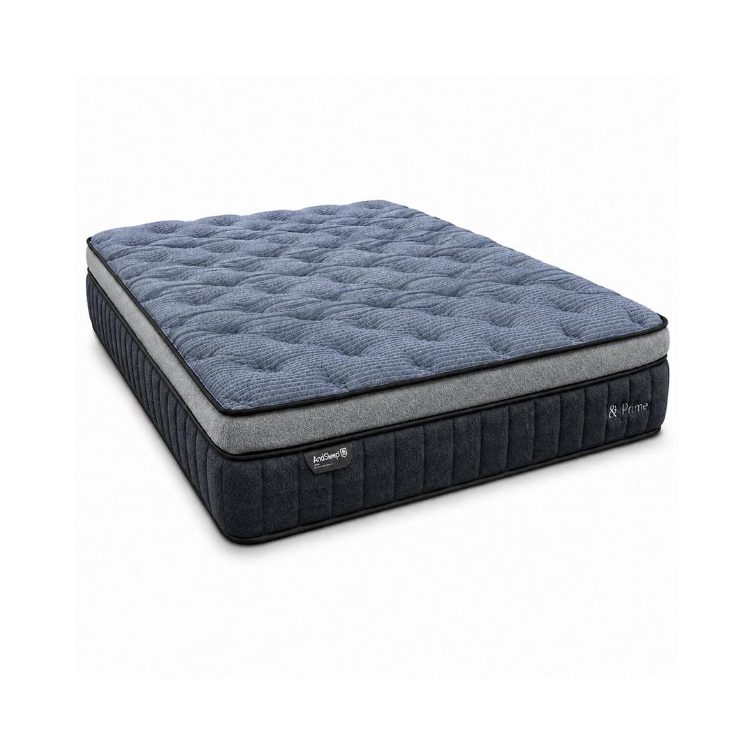 Blue quilted mattress with dark base and stitched border, & Prime logo