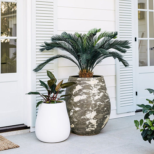Large speckled ceramic planter pot with palm fronds beside small white planter