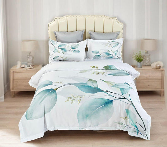 King quilt cover set with white fabric and blue-green botanical leaf print