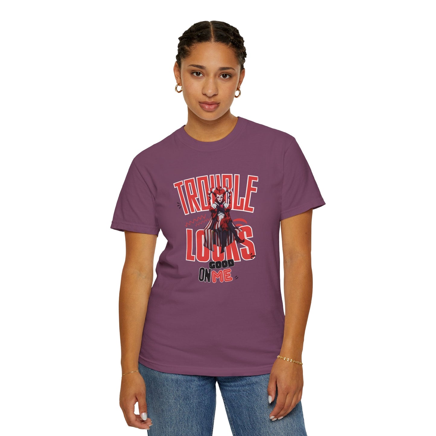 Trouble Looks Good On Me Graphic Tee  Miss Chiff Jester Anime Villain Design  Comfort Colors Unisex