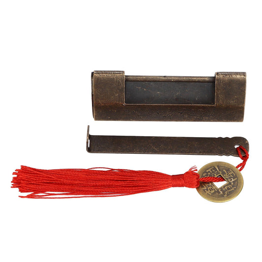 Brass Chinese-style padlock with engraved barrel and long red tassel with key coin