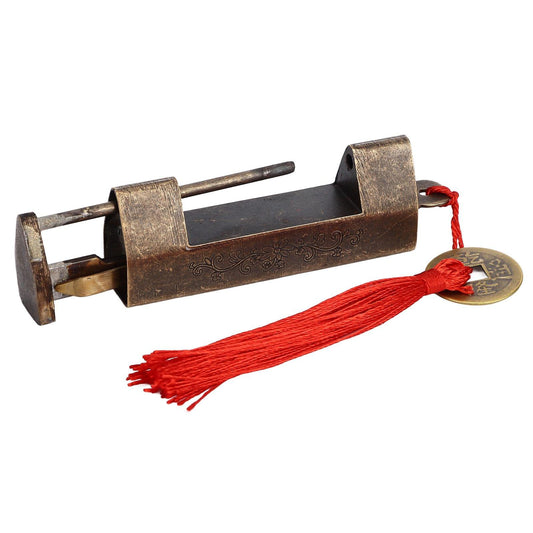 Antique Chinese-style brass padlock with red tassel cord and bronze key tag