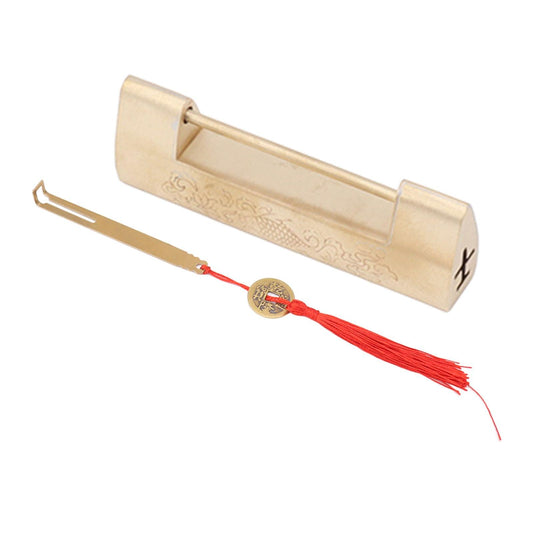 Antique-style brass padlock with fish pattern and red tassel