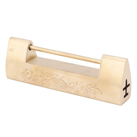 Brass padlock with fish engraving and decorative character on side