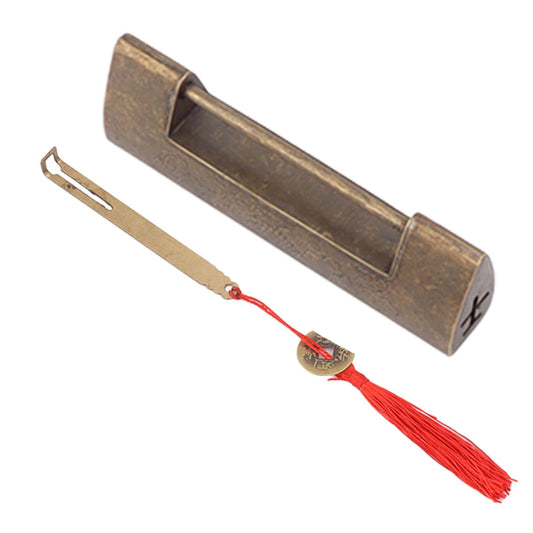 Antique style Chinese fish padlock with red cord tassel, bronze finish, open body and latch