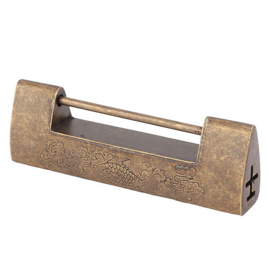 Antique Chinese fish lock with bronze finish, rectangular open frame and carved fish motif