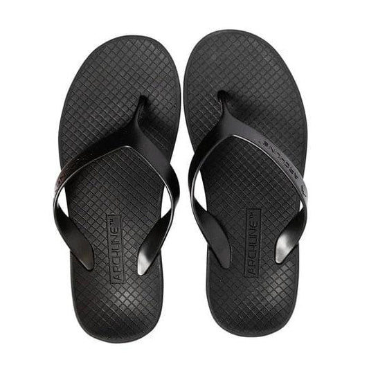 Black arch-support flip flops with textured footbeds and thin thong straps