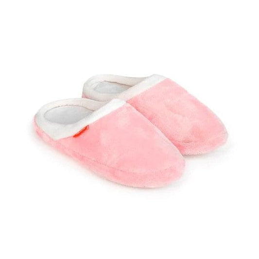 Pink slip-on orthotic slippers with cushioned white lining and orange accent logo
