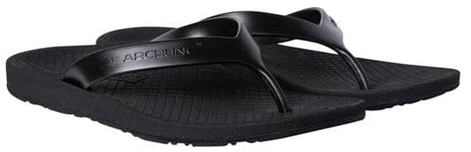 Black thong flip flops with textured sole and molded arch support footbed