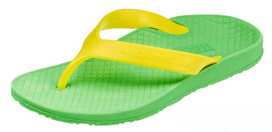 Kids orthotic thong sandals: green sole, yellow straps, textured arch support