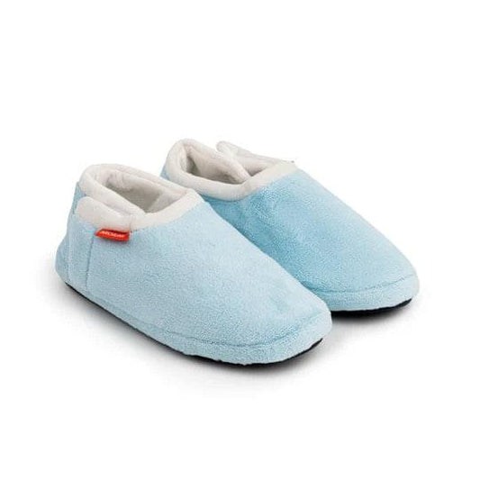 Baby blue closed-toe orthotic slippers with plush white lining and low sole